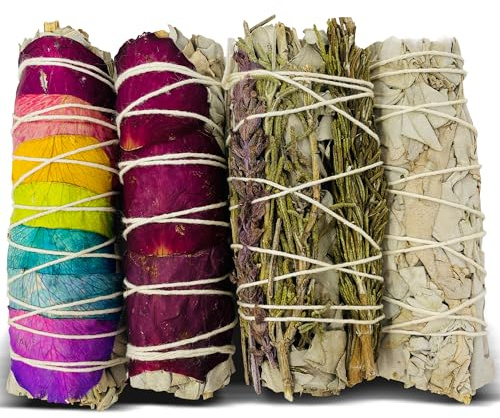 Sage Smudge Kit Variety Pack of 4 – California White Sage, Rose, Rosemary Lavender & 7 Chakra Smudge Sticks, Handcrafted Dried Sage Bundles for Meditation, Home Cleansing & House Blessing