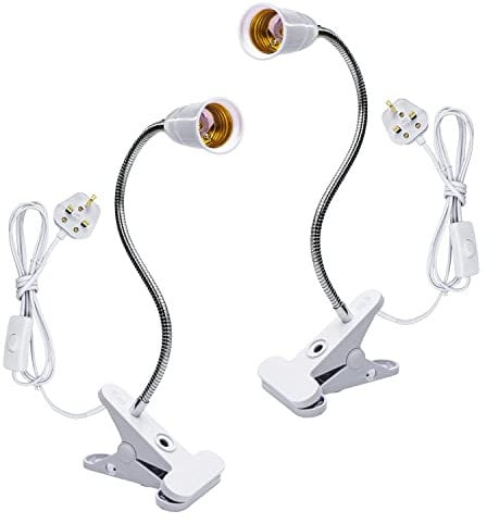 Clip Desk Lamp, 2PCS Clip on Ligh Holder E27 with Plug and Switch, Flexible Clamp Light E27 with 87in Cable, E27 Lamp Holder Clamp Screw Fitting, 360 Degree Clip Plant Light, White