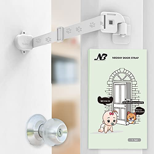 Neobay Child Proof Door Lock（None-Magnetic） with Adjustable Door Strap and Latch. No Need for Interior Cat Door. Keep Toddler Out of Room with Litter Box While Let Cat in Easily.