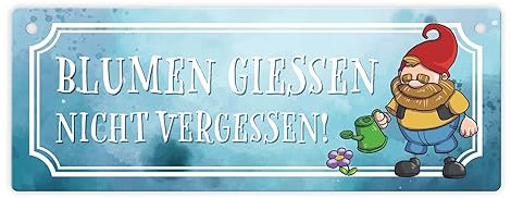 Blumen gießen nicht vergessen Metallschild L in 10,5x28cm mit lustigem Gartenzwerg
