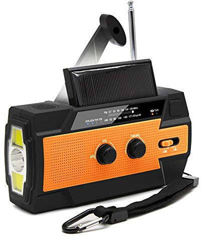 Crank Radio, Radio con Dinamo de Supervivencia 4000mah con Linterna Led/Alarma SOS, Radio Solar y Recargable para Camping,Naranja