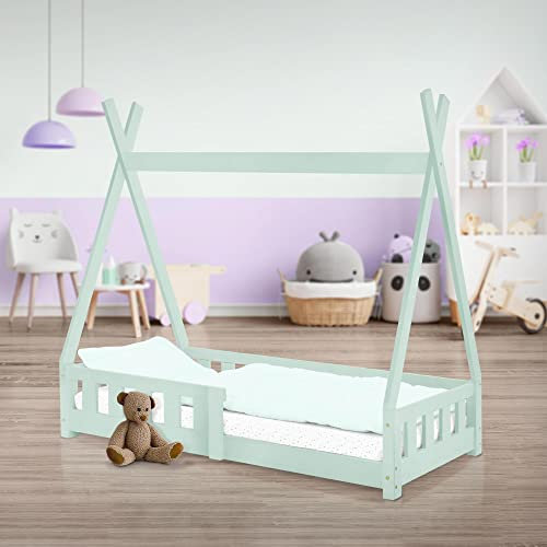 ML-Design Kinderbett Tipi 70x140 cm Mint mit Rausfallschutz und Lattenrost, aus Kiefernholz massiv, Indianer Bett für Mädchen & Jungen, Hausbett mit Zaun Bodenbett Kinderhaus Jugendbett Spielbett Zelt