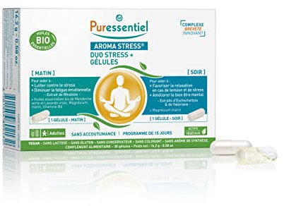 Puressentiel - Aroma Stress - Gélules Duo Stress - Action continue journée et soirée - Aide à lutter contre le stress et à favoriser la relaxation - Aux huiles essentielles bio - Programme 15j
