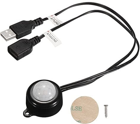 sourcing map Mini PIR Motion Sensor Switch DC 5-24V 2A Infrared Activated LED Controller with USB Couple Cable for LED Strips Lights, Black