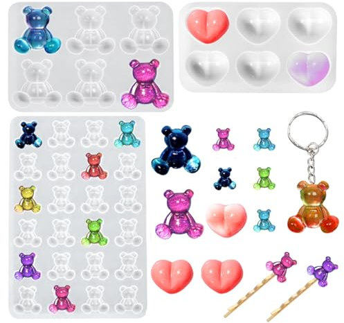 DeryArcle 3Pcs Bear Resin Moulds, Heart Shape Silicone Mould, Jewelry Epoxy Resin Molds, Small Charm Casting Mold for DIY Crystal Pendant Keychain Phone Case Hairpin Ornament