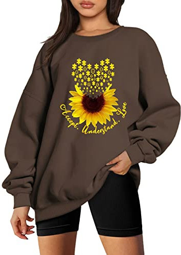 Sweatshirt Damen Sonnenblume Drucken Langarm Rundhals Pullover Bauchfrei Warm Pulli Oversized Große Größen Casual Bequem Teenager Madchen Hoodie Sportbekleidung Mit Taschen (BAULMD1014A-Coffee, XXL)