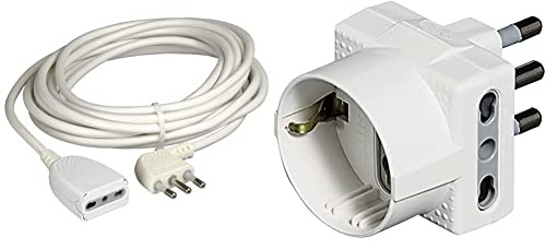BTicino 2528B Prolunga Domestica 5 Metri con Spina 16A e Presa Bipasso, 10/16A, 3500 W, 250 V, Bianco & S3611D Adattatore Tris con Spina, 2P+T, 16A per 1 Presa Tedesca e 2 Prese Bipasso, Bianco