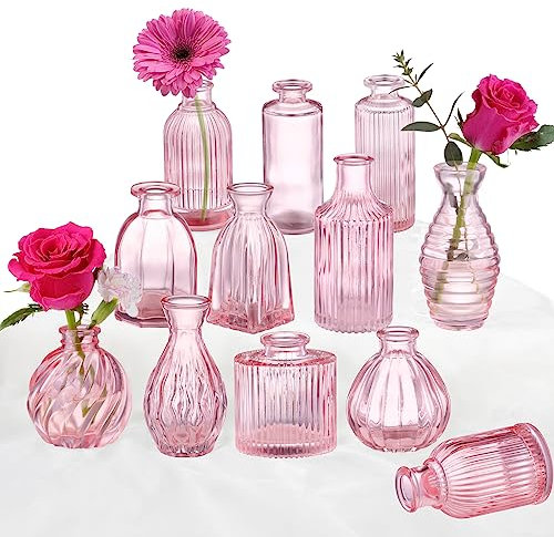 Pinke Vase, Knospenvasen, Set mit 12 Stück, kleine rosa Glasvasen für Blumen, Moderne gerippte Glasvase für Dekoration, Hochzeit, Blumenvase in Großpackung, Vintage-Dekor, Brautparty, Tafelaufsatz,