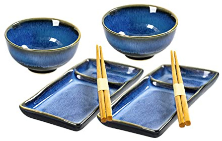 Japanese Sushi Dinnerware Set for 2, Ceramic Plates & Bowls with Chopsticks