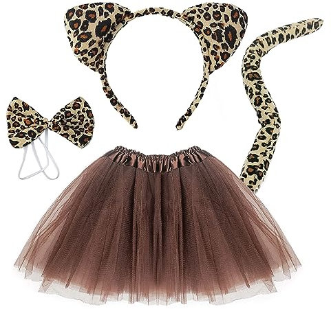 TSHAOUN 4 teiliges Stirnband Set mit Leopardenohren, inklusive Tier Tutu Rock, Kostümohren, Schwanz, Fliege für Kleinkinder Kinder Halloween Verkleidung Geburtstag Kostümzubehör (Leopard)