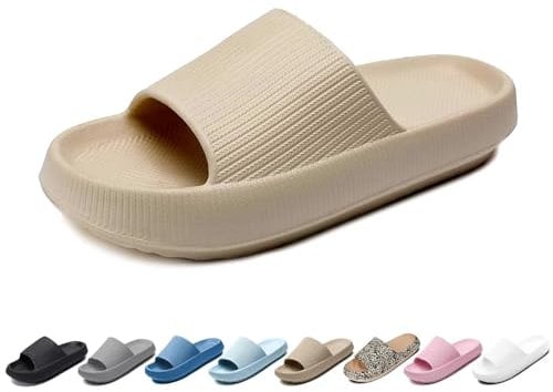 Merdoo Badeschlappen Herren Damen Rutschfest Badeschuhe Badelatschen Weich Wolkenschuhe Dicke Sohle EVA Slippers Wolke Hausschuhe Sommer Pantoletten Latschen Flip Flops Unisex Beige 40-41EU