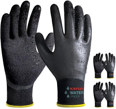 KAYGO Wasserdichte Arbeitshandschuhe für Herren und Damen mit Doppel Latex Beschichtung, Rutschfester Gut Grip für Garten Auto Waschen Fisch Reinigung (Schwarz, L, Gr 9, 3 Paar)