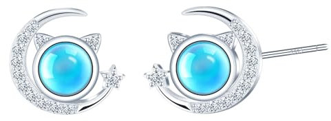 CONILOK Mond Stern Glasiert Katze Ohrringe Silber 925 Stecker Zirkon Ohrstecker Silber Damen Schmuck Ohrring Geschenke für Sie Frauen Mädchen Freundin Schwestern Geburtstag Weihnachtstag Valentinstag
