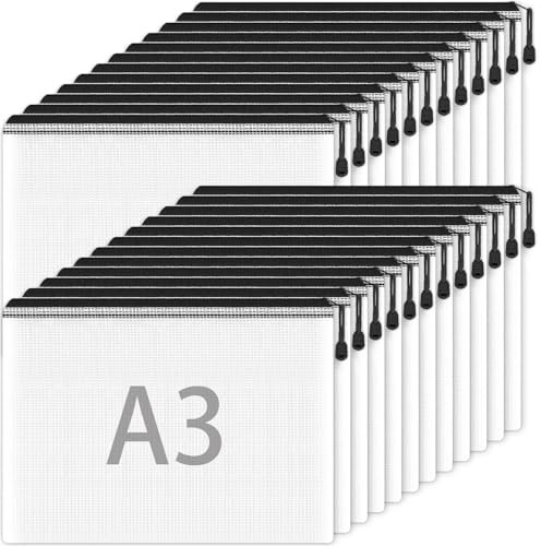 Plastic Wallets A3-24PCS A3 Kunststoff-Ordner Zip Wallets Document Folder Zip Lock Bags Mesh Zipper Bag für Schule Büro Reise Lagerung (Schwarz)