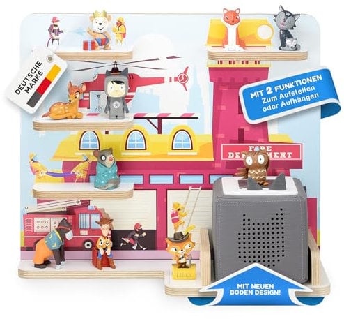 stadtecken Holzregal für Musikbox I Passend für die Toniebox und ca. 35 Tonies I Perfekte Aufbewahrung im Kinderzimmer I zum Aufstellen oder Aufhängen (Feuerwehr)