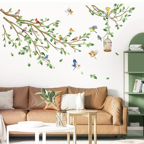 decalmile Adesivi Murali Uccelli sui Rami Adesivi da Parete Ramo Albero Verde Foglie Uccelli Decorazione Murale Soggiorno Camera da Letto Ufficio