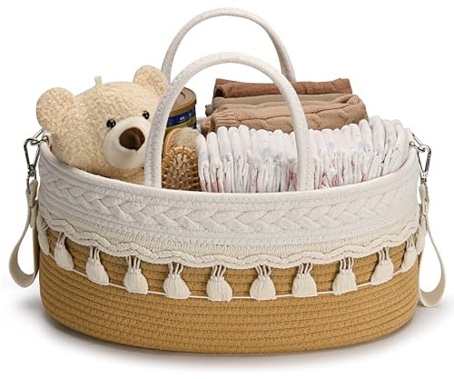SEBRAM Wickeltisch Organizer Baby – Wickelkorb Boho aus Baumwollseil, Windel Organizer Caddy & Windelkorb mit Isoliertaschen und Tragegurt (Braun)
