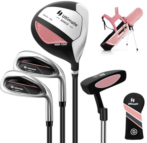 COSTWAY Ensemble Club de Golf Portable pour Enfants de 8 à 10 Ans, Set de Golf Complet Sac Trépied avec Capuche Anti-Pluie Driver #1 Fers #7 et #S et Putter, pour Droitier(Rose)