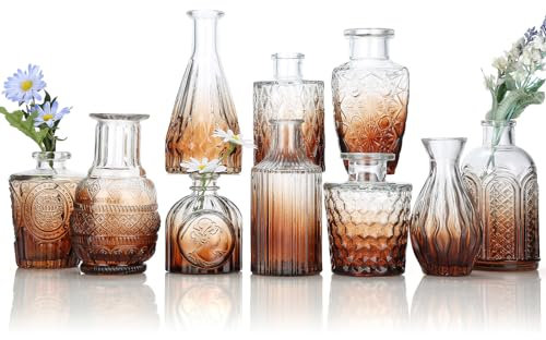 Glass Bud Vase Set of 10, Mini Amber Bud Vase for Centerpieces in Bulk, Small Vintage Flower Vases for Weddings Parties Home Table Decorative