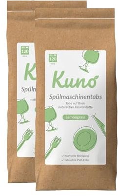 Kuno Spülmaschinentabs - 240 Tabs - Biologisch abbaubar und ohne Plastik - Effektive Reinigung - Frischer Lemongrass Duft (2er Pack, 240, stück)
