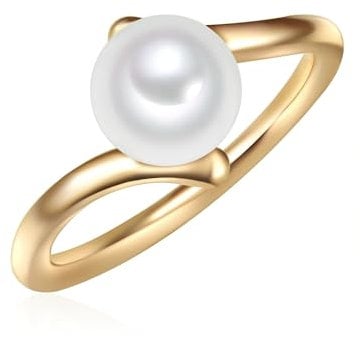 Valero Pearls Damen-Ring Welle Sterling Silber 925 gelbvergoldet Süßwasser-Zuchtperle Button 8 mm weiß - Modern-Ring für Frauen Perlenring Gelbgold