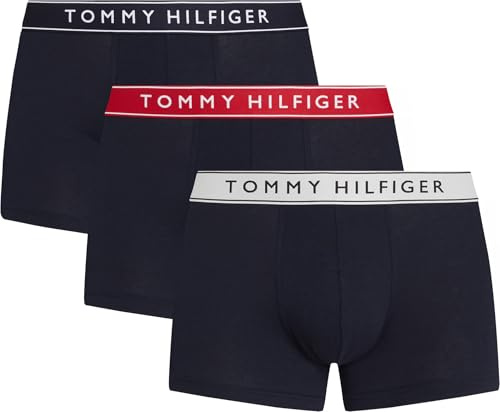 Tommy Hilfiger Men’s 3 Pack Trunks with Logo Waistband, Multicolor (Th Wht/Med Red/Dsrt Sky), XXL