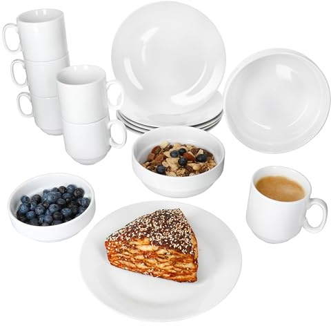 MamboCat Tommy 15tlg Frühstücksset I weißes Porzellan-Geschirr für Frühstücks- & Kaffeezeit I 6x Teller, 6x Becher + 3 verschiedene Servierschalen