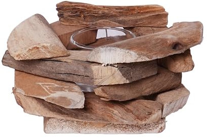 CREEDWOOD Holz Teelichthalter MIO | mit Glaseinsatz | Treibholz Windlicht, Glasvase Kerzenhalter, Kerzenleuchter, Glas-Teelichthalter, Tisch Kerzenständer