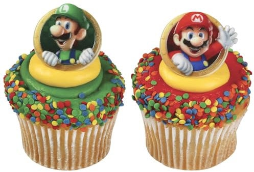 DecoPac Super Mario Ringe, 24 Nintendo-Cupcake-Dekorationen mit Mario und Luigi, Kuchendekorationen für Geburtstag, Gaming, Party, 24 Stück