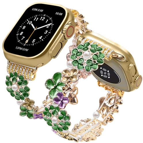 VIQIV Dressy Bracelet Compatible with Apple Watch Bands for Women 38mm 40mm 41mm Strethy, Cute Fancy Metal Stretch Clover Bracelet Wristband Strap Smartwatch Bands for iWatch Series