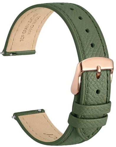 WOCCI 18mm Grace Uhrenarmband für Damen, Top Grain Leder, Schnellverschluss, Rosegoldener Schnalle (Reseda Grün)