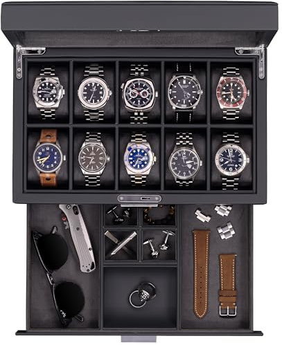 ROTHWELL Uhrenbox aus Leder mit 10 Fächern, luxuriöses Uhrenetui mit ultraweichem Mikrovelours-Innenfutter, Schmuck- und Sonnenbrillenhalter mit großer Glasplatte (Carbon)