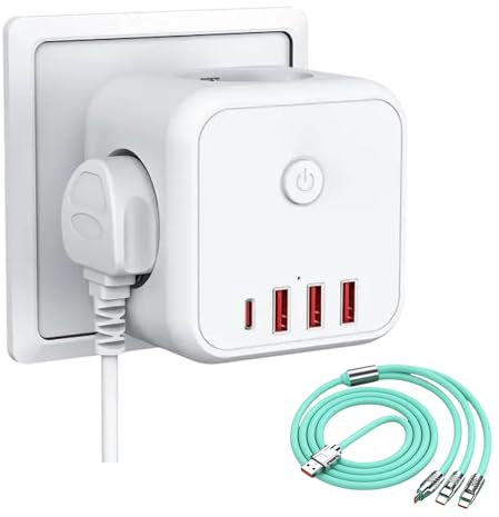 Cubo Enchufe USB 7 en 1 Regleta 4000W con Protección Sobrecarga múltiple con 3 Tomas de Corriente 3 USB y 1 Tipo C Interruptor ON/Off para Oficina y Hogar + Cargador Rápido 3 en 1 de Regalo (Verde)
