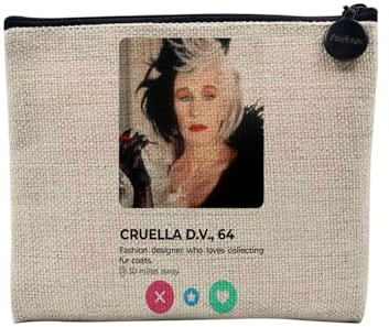 Tasche aus Leinen – Cruella Dalmatian Social Network Love Villain – Kosmetiktasche aus Leinen – Geldbörse – 15 x 10 cm, Cruella de Vil, 15 x 10 cm, Kosmetiktasche