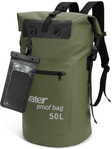 WELDUN Wasserdichter Rucksack 35L/50L Waterproof Rolltop Rucksack Dry Bag mit IPX8 Handyhülle, für Kajak, Kanu, Camping, Trekking, Wandern, Segeln oder andere Wassersportarten 50L Grün