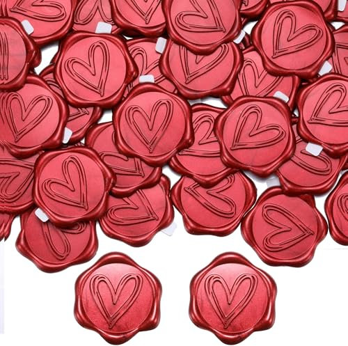 Filhome 50 Stück Wachssiegel Selbstklebend Herz Umschlagaufkleber Dekoration Sticker für Hochzeit, Einladungen, Geschenke, Briefe (Rot)
