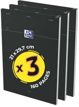 Oxford Lot de 3 Blocs-notes Smart A4 160 Pages 5x5 Agrafée Couverture Carte Souple Noir