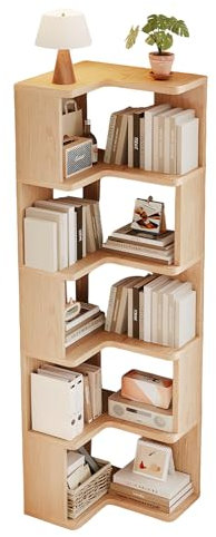 JFOZDM 5 Etagen Eckregal Stehend, Bücherregal Holz, Eckschrank Wohnzimmer, Bücherregal Ecke, Platz Sparen/Präsentation, für Arbeitszimmer, Schlafzimmer, Büro, Holzfarbe