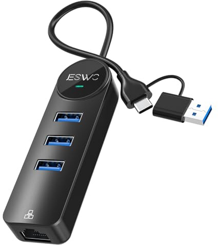 JESWO 4-in-2 USB-Hub A/C Ethernet, Adapter USB Ethernet mit LAN 1000 Mbps RJ45 + 3 Ports 5 Gbps USB 3.0 für Mac OS, Chrome OS, iPad OS, Windows usw