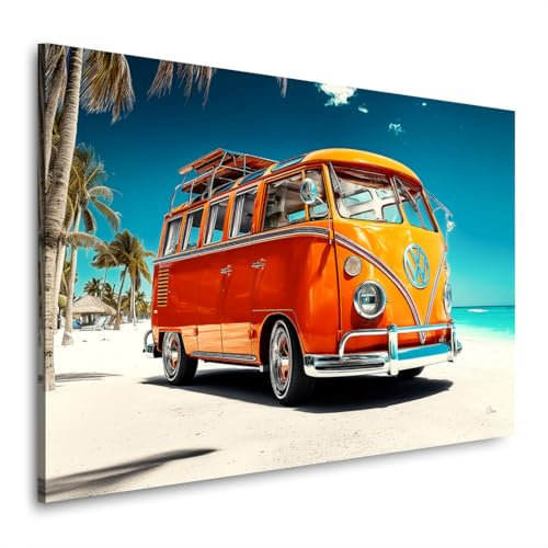 Kunstgestalten24 | VW Bulli Wandbild auf Leinwand – Vintage Bus am Strand – UV-beständig & auf Echtholz-Keilrahmen gespannt – modernes Retro-Motiv | 90x60cm, 2cm Rahmentiefe