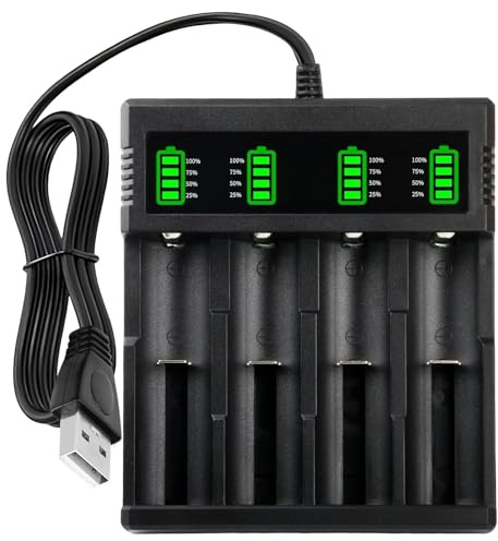 4 Slot AA AAA Battery Charger, 18650 Battery Charger with LED Universal Fast Rechargeable Battery Charger for 3.7-4.2V Li-ion Battery 26700 18650 26650 21700 14500 18500 with USB Cable