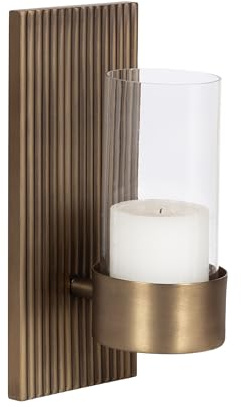 Kate and Laurel Rooks Modern Ribbed Metal Wall Sconce, 5 x 6 x 12, Antique Brass, Rectangular Wall Candle Holder with Removable Glass Cylinder for Flameless Candle Display in Bedroom or Bathroom