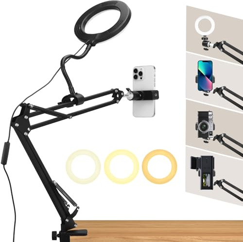 Overhead Phone Mount with Light, Angle Adjustable Phone Stand for Filming, Overhead Phone Tripod with 3 Colour Modes, 10 Brightness Levels, Desk Phone Clamp for YouTube, Live Stream, Cooking,Tiktok