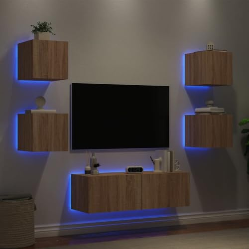 Owoxanthellate 5 Piece TV Wall Cabinets with LED Lights Engineered Wood Sonoma Oak Floating Media Wall Unit 30.5/100 x 35 x 30/31 cm RGB Colour-Changing Shelves for Living Room Bedroom