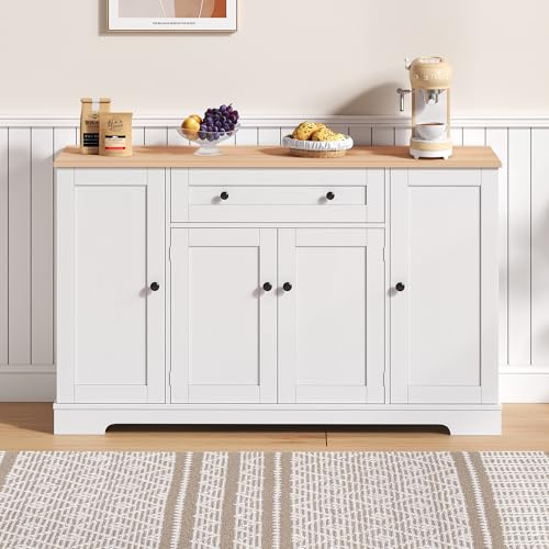 FammyLoft Kitchen Sideboard Cabinet, Storage Cabinet with Drawer, Doors and Adjustable Shelves, Modern Cupboard with Anti Tip Design for Kitchen, Wood grain desktop, Living Room or Bedroom, White