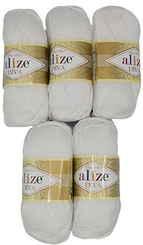 Alize 5 x 100 Gramm Wolle Diva Batik einfarbig, 500 Gramm merzerisierte Strickwolle Microfiber-Acryl (weiß 55)