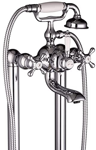 PaulGurkes Retro Nostalgie Standarmatur für freistehende Badewannen Landhausstil Keramik mit Handbrause Standfüße Wannenrandarmatur
