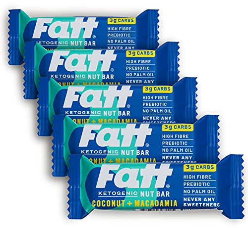 Fatt Keto Nut Bars - Coconut & Macadamia, 5-Pack - 3g Carbs - 100% Natural Low-Carb Clean Keto Snack Bar with Super Fats - High Fibre, Low Sugar, Sweetener Free & Vegan - Aka Fattbar