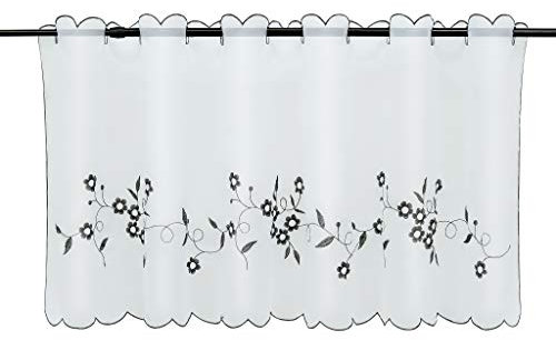 Joyswahl Felizia 1 Pièce Rideau Brise-Bise Perforé Passe Tringle en Polyester Petit Voilage avec Broderie de Fleurs en Dentelle Transparent Maison de Campagne Décor de Fenêtre Gris HxL 45x90CM