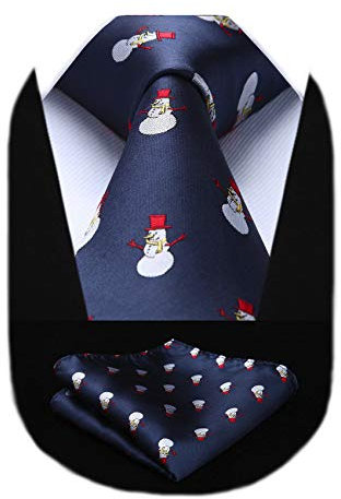HISDERN Navy blau Weihnachts Krawatte für Herren Schneemann Muster Xmas Party Festlich Krawatten & Einstecktuch Set Mode